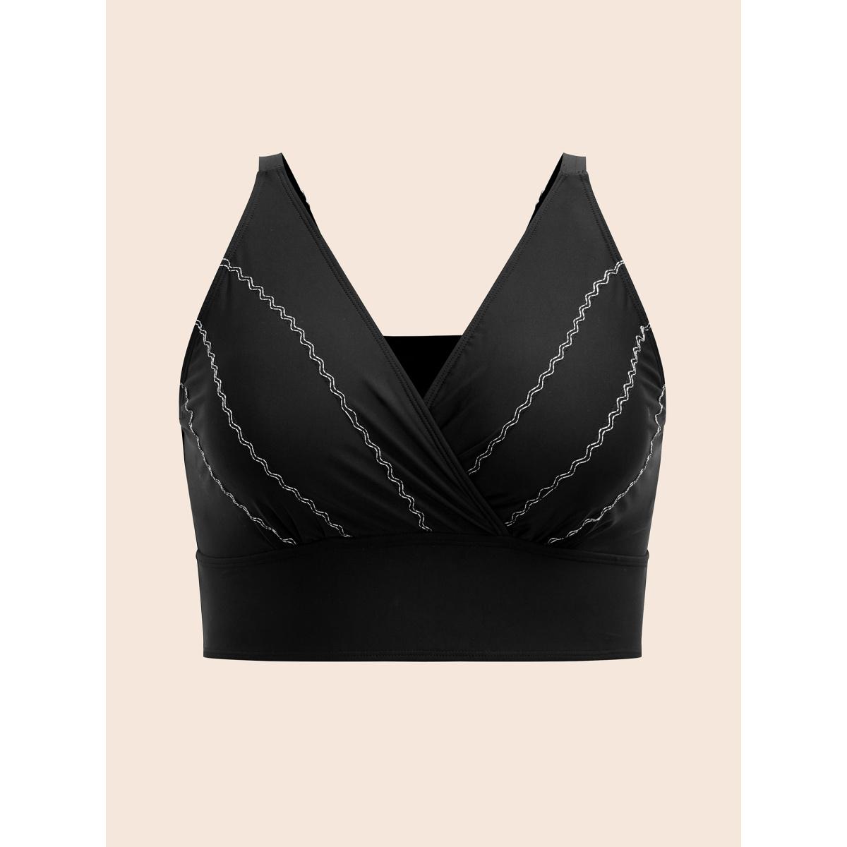 Plus Size Embroidered Surplice Neck Adjustable Swim Top Women's Swimwear Black Resort High stretch Skinny Overlap Collar Curve Swim Tops BloomChic 26/4X Product Image