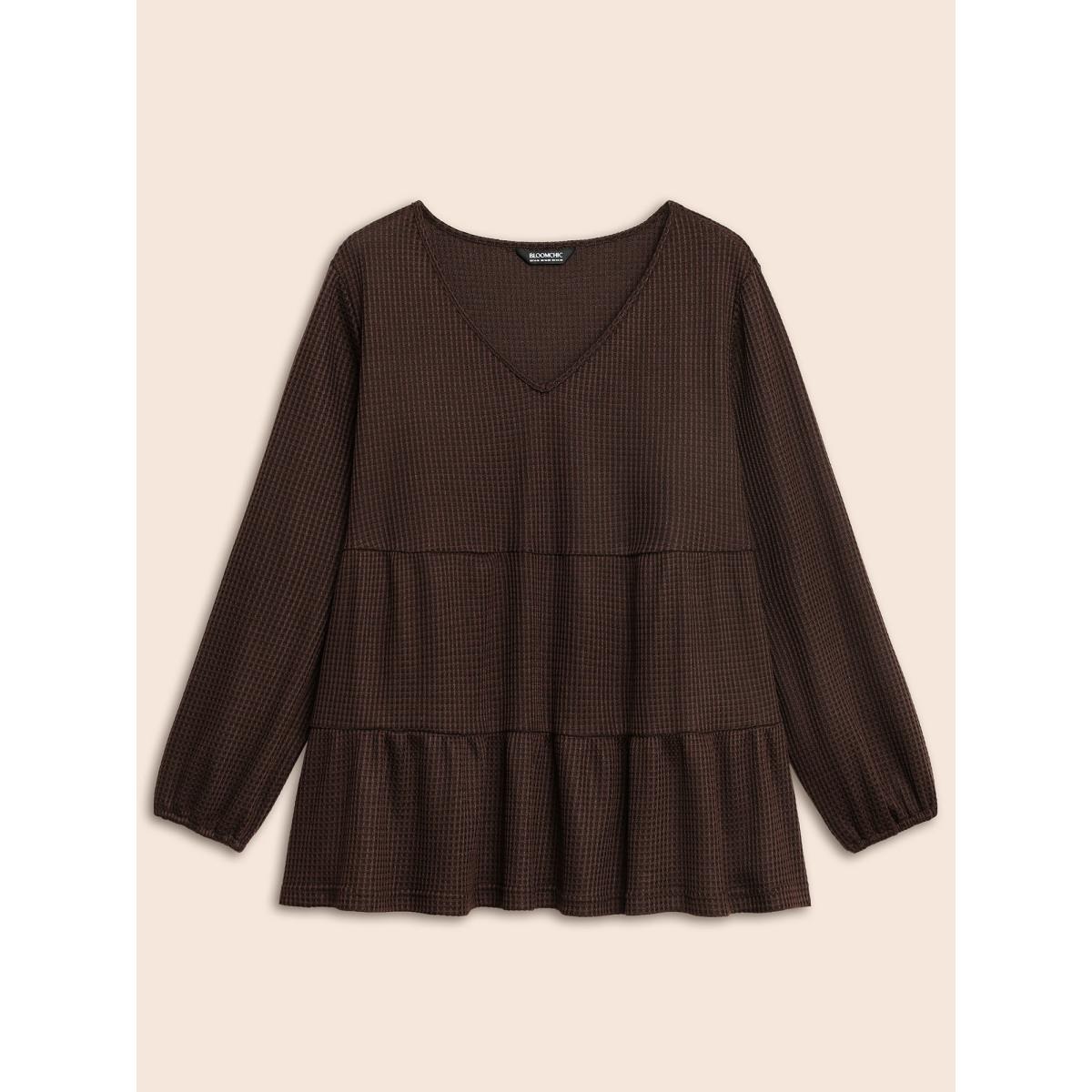 Plus Size Solid Waffle Knit Ruffle Hem T-shirt DarkBrown Women Casual Texture V-neck Everyday T-shirts BloomChic 12/L Product Image