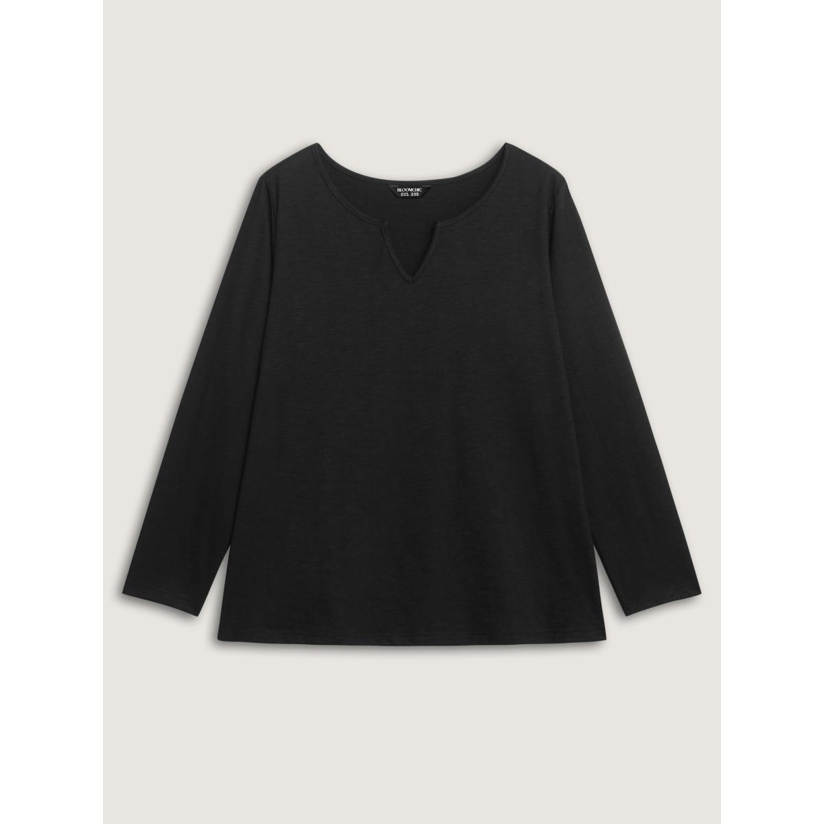 Plus Size Split Neckline Stretchy Plain T-Shirt Black Women Leisure Flat collar with V-notch Casual T-shirts BloomChic 10/M Product Image