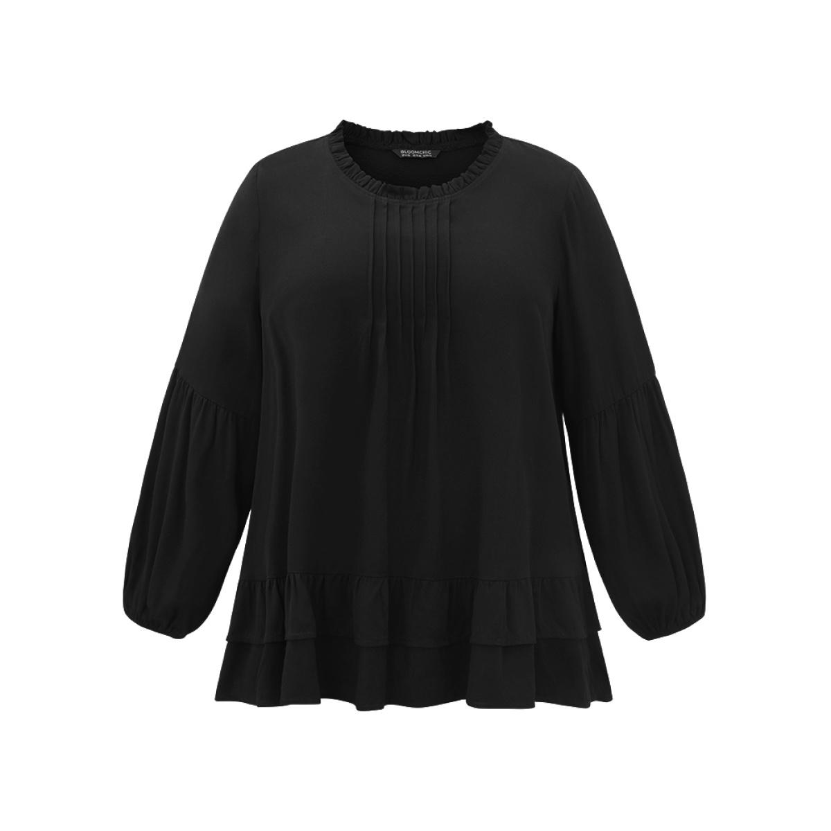 Plus Size Black Seam Detail Frill Trim Layered Blouse Women Elegant Long Sleeve Round Neck Dailywear Blouses BloomChic 10/M Product Image