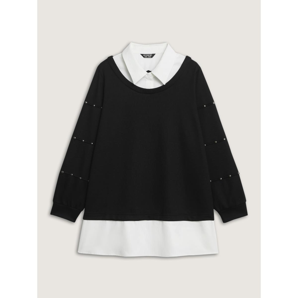 Plus Size 2-in-1 Layered Contrast Collar Sweatshirt Women Black Leisure Contrast Shirt collar Casual Sweatshirts BloomChic 22-24/3X Product Image