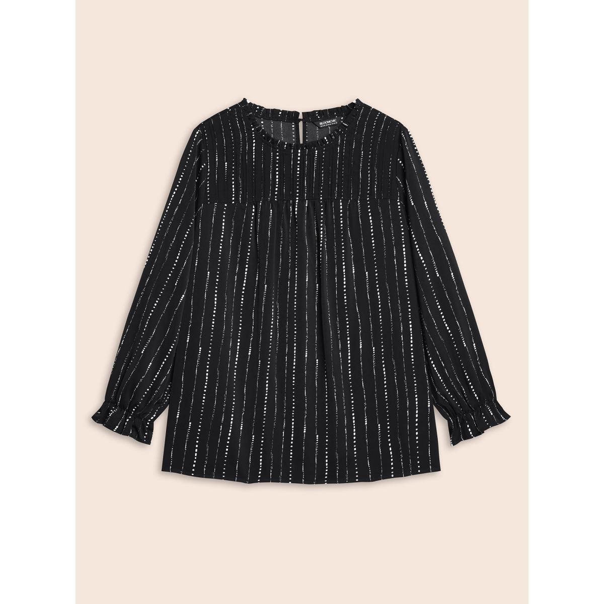 Plus Size Black Striped Lantern Sleeve Ruffles Blouse Women At the Office Long Sleeve Stand-up collar Work Blouses BloomChic 26/4X Product Image