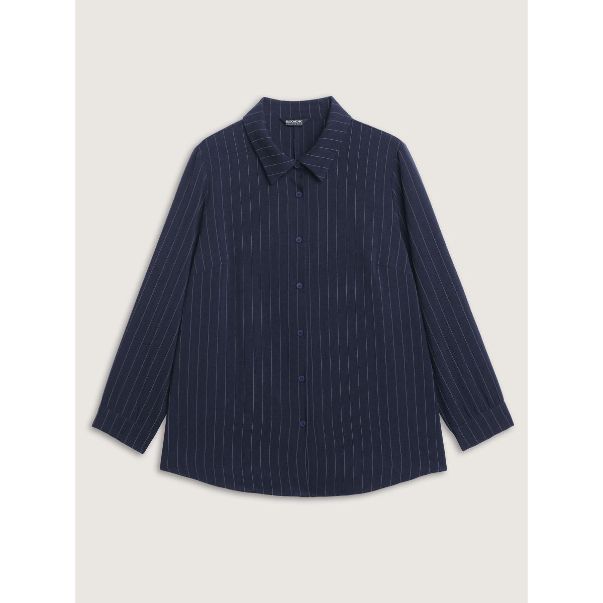Plus Size Indigo Striped Waist-Tie Button-Down Blouse Women Office Extra Long Sleeve Shirt collar Office Blouses BloomChic 30/6X Product Image