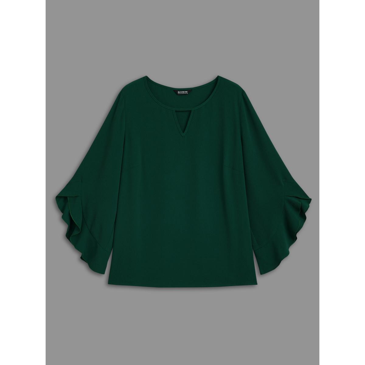 Plus Size Emerald Solid Keyhole Ruffle Sleeve Blouse Women Elegant Extra Long Sleeve Round Neck Everyday Blouses BloomChic 12/L Product Image