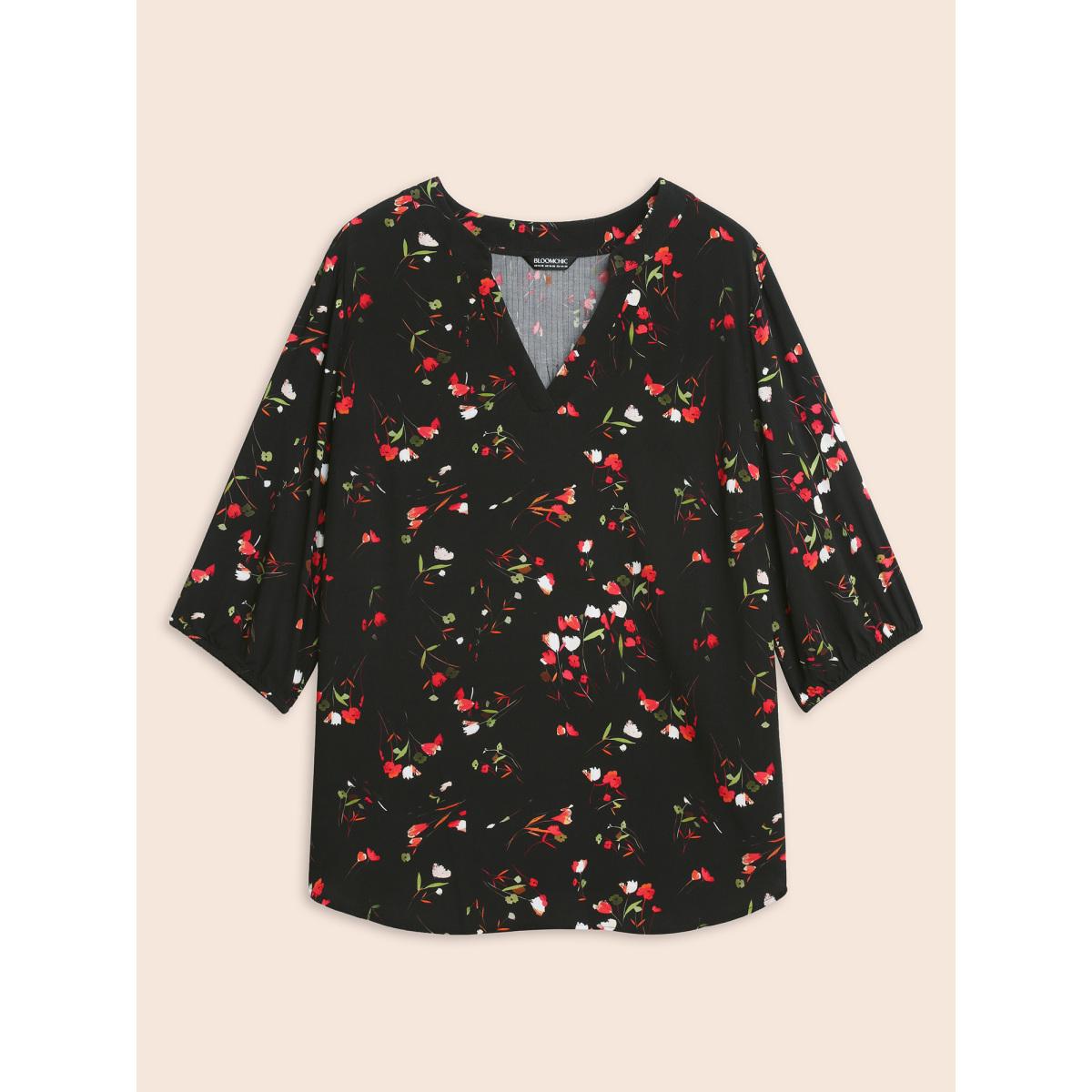 Plus Size Black Floral Notched Pleated Lantern Sleeve Blouse Women Elegant Elbow-length sleeve Flat collar with V-notch Everyday Blouses BloomChic 12/L Product Image