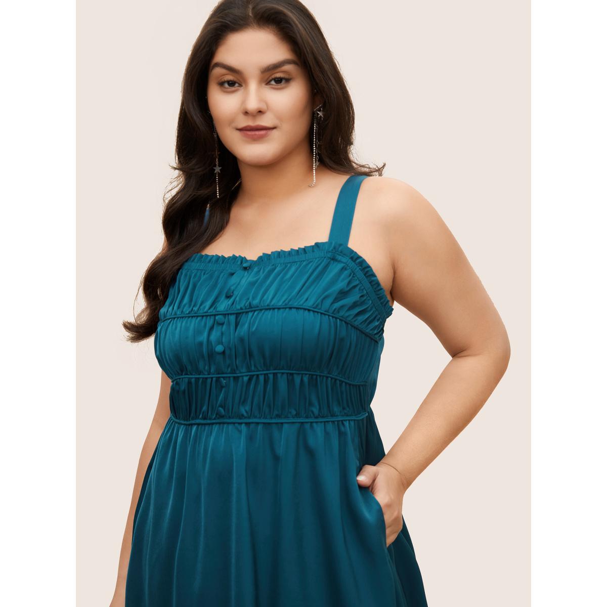 Plus Size Satin Solid Gathered Button Detail Cami Dress Aegean Women Elegant Non Non Sleeveless Curvy Midi Dress BloomChic 18-20/2X Product Image