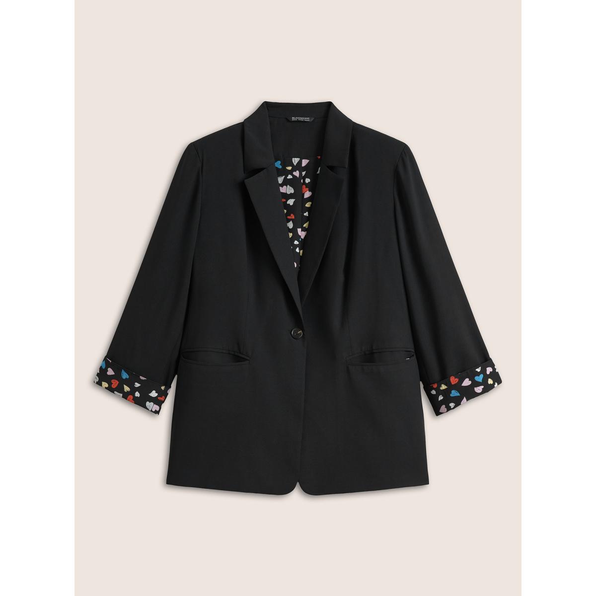 Plus Size Colour Heart Lined Suit Collar Pocket Blazer Black Women Work Heart Print Non Sleeve Long Sleeve Suit Collar 10/M Double-flap pocket At the Office Blazers BloomChic Product Image