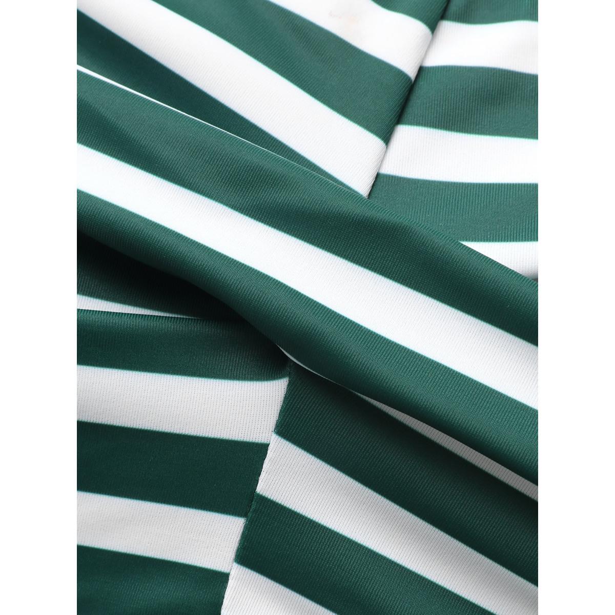 Plus Size Striped Twist Front Patchwork Gathered Swim Top Women's Swimwear DarkGreen Beach Twist High stretch Bodycon Heart neckline Curve Swim Tops BloomChic 12/L Product Image