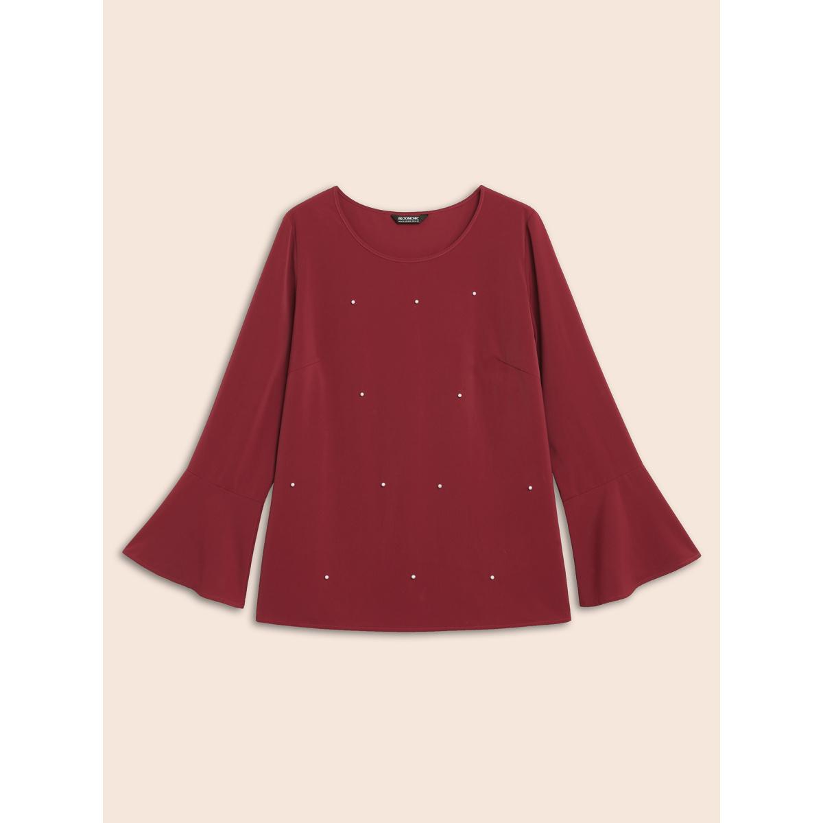 Plus Size Scarlet Beaded Embellished Bell Sleeves Blouse Women Cocktail Long Sleeve Round Neck Party Blouses BloomChic 12/L Product Image
