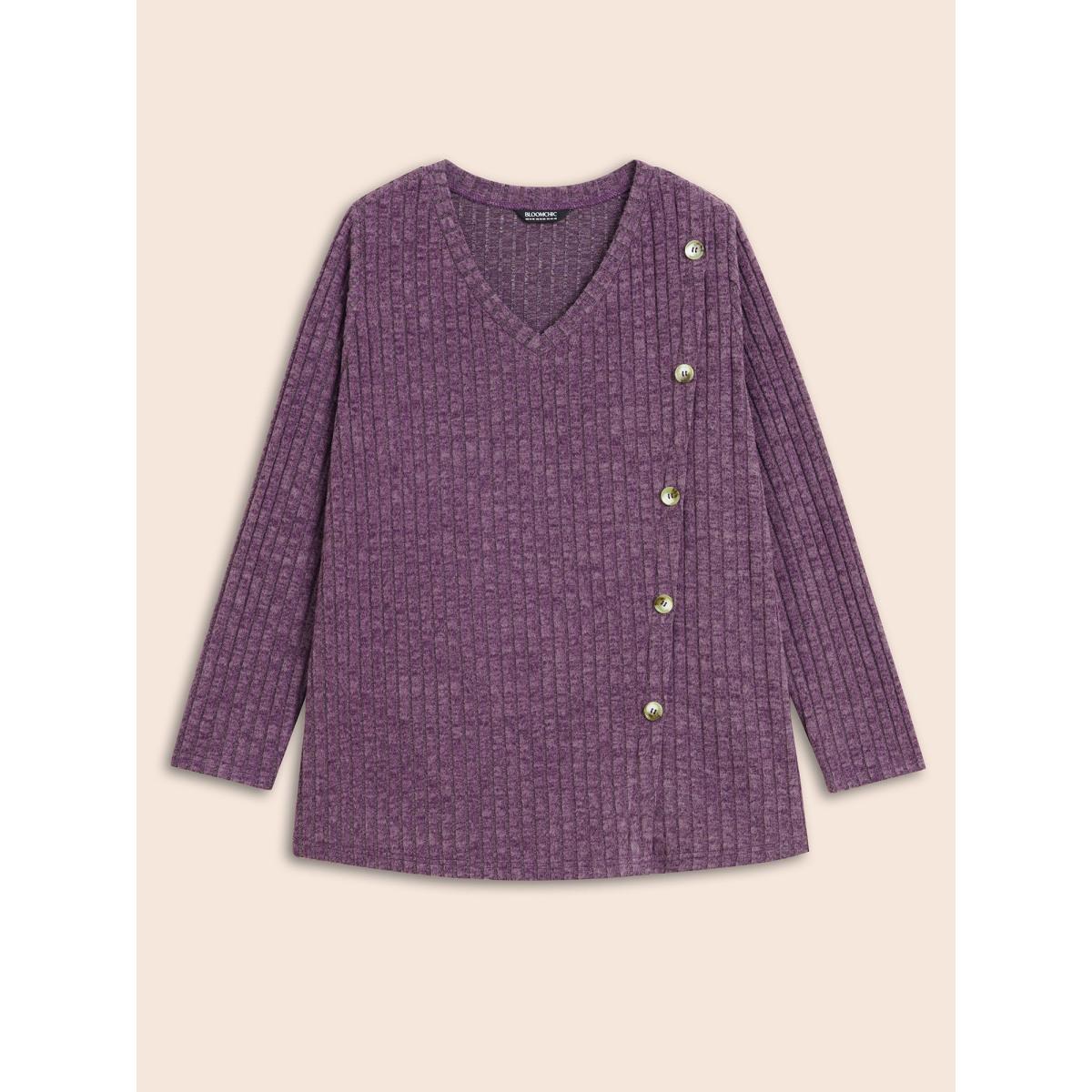 Plus Size V Neck Button Detail Rib Knit T-shirt Mauve Women Elegant Texture V-neck Everyday T-shirts BloomChic 22-24/3X Product Image