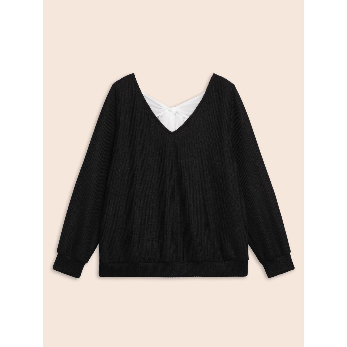 Plus Size Textured Contrast Tie Knot Sweatshirt Women Black Elegant Tie knot V-neck Everyday Sweatshirts BloomChic 30/6X Product Image
