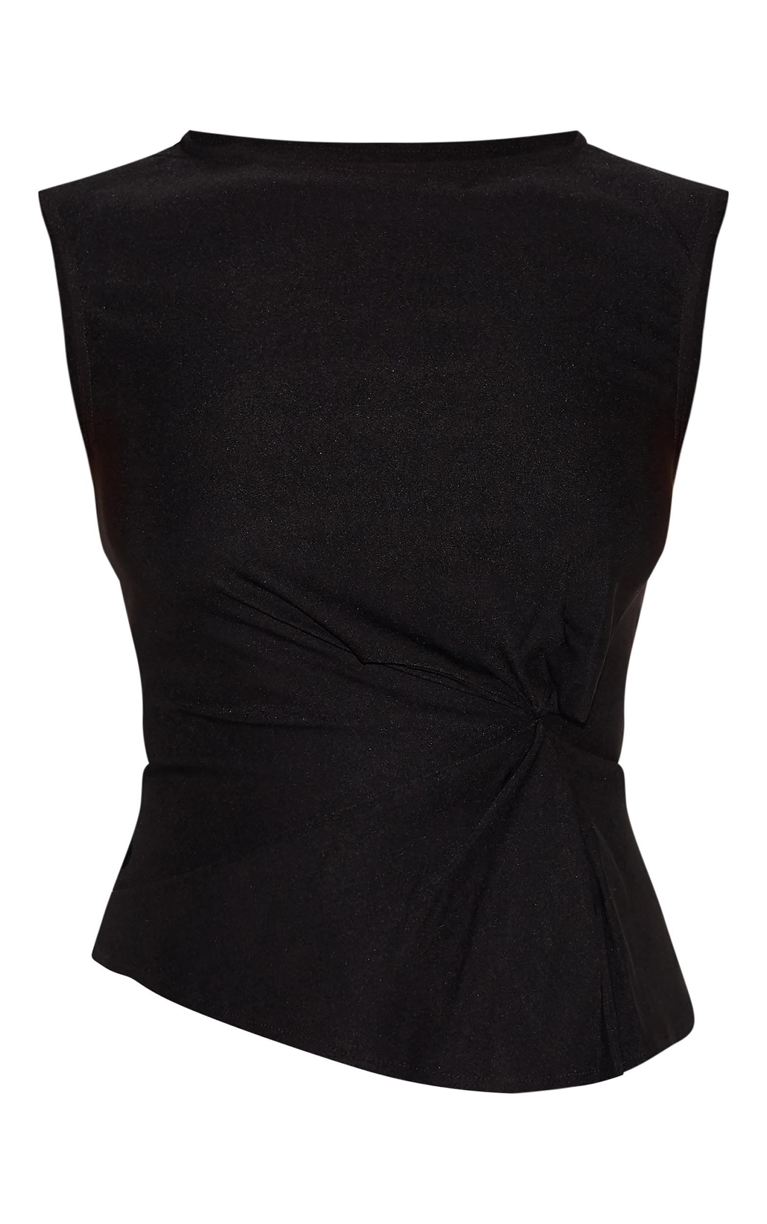 Shape Black Stretch Woven Boat Neck Pleated Peplum Top Product Image