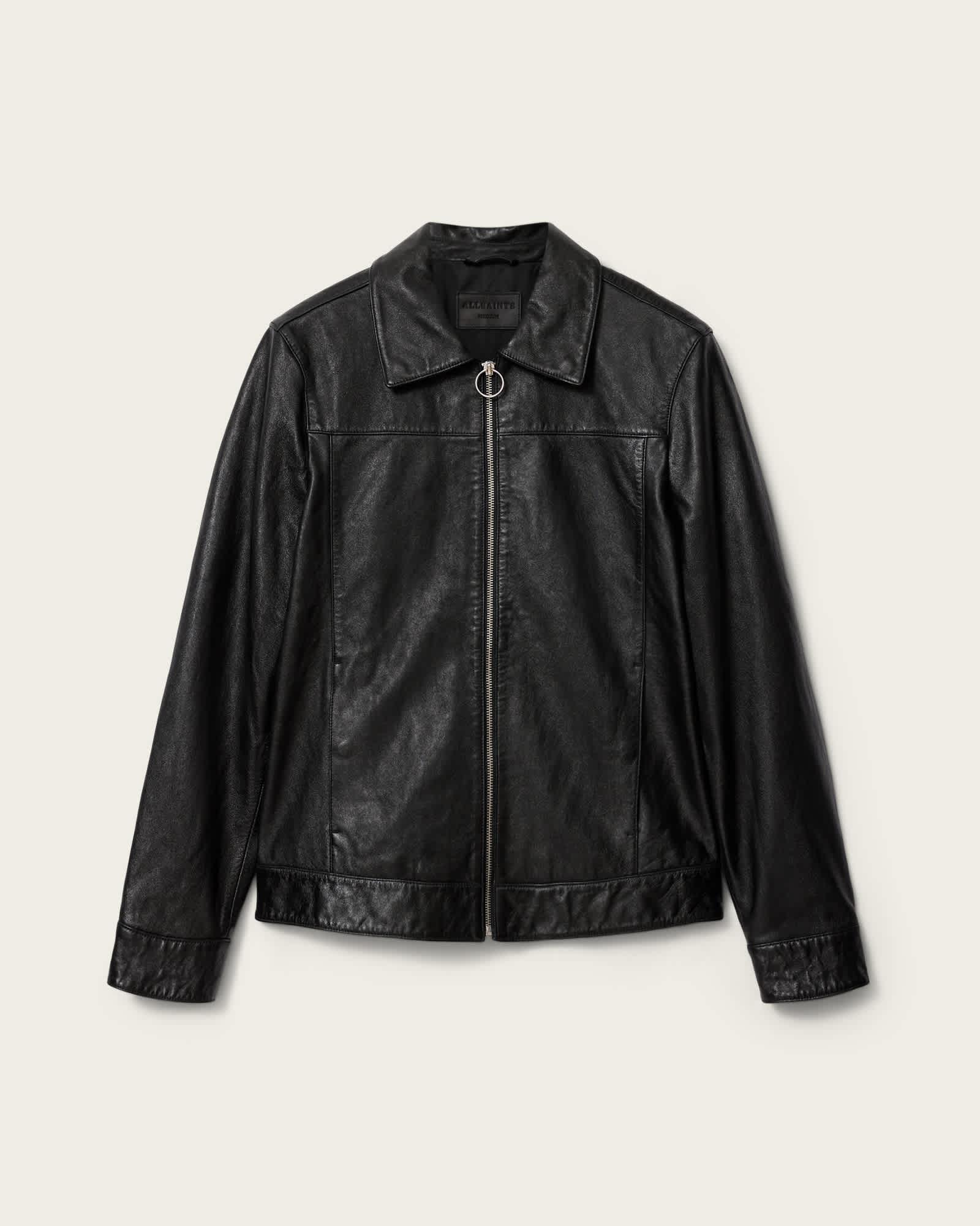 Alkan Zip Up Two Tone Leather Jacket Black | ALLSAINTS US Product Image
