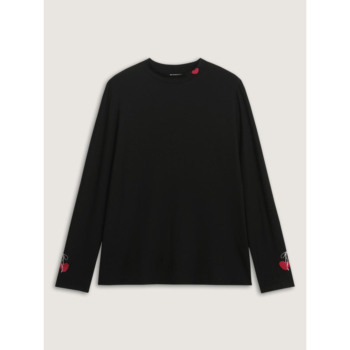 Plus Size Supersoft Twin Hearts Embroidery Fitted T-Shirt Black Women Playful Embroidered Mock Neck Casual T-shirts BloomChic 12/L Product Image