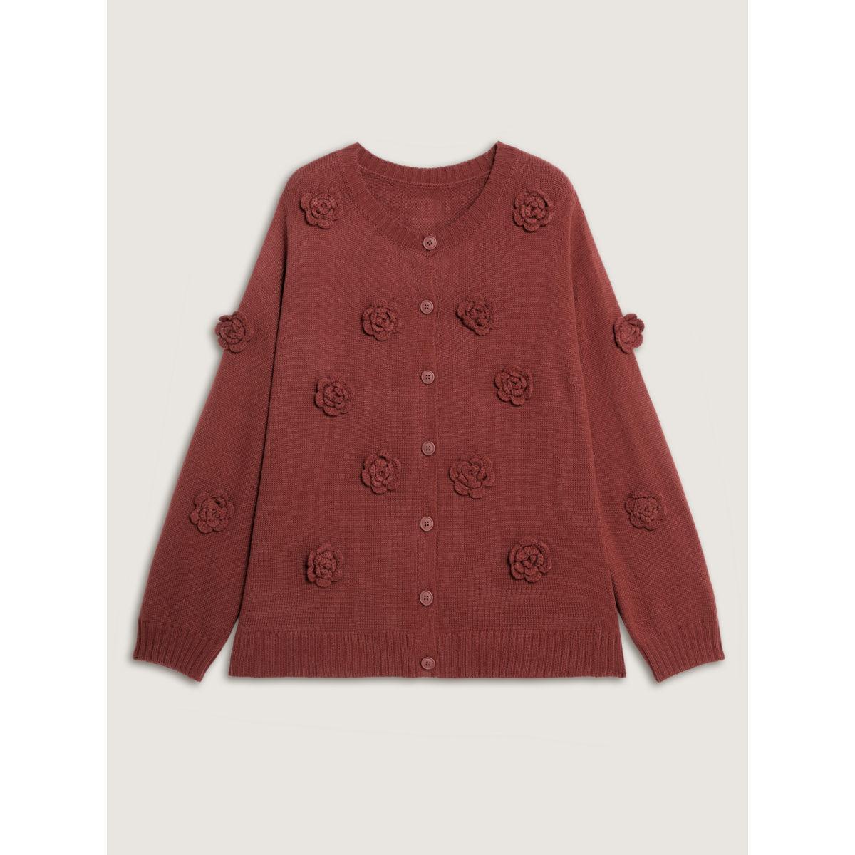 Plus Size 3D Floral Pattern Round Neck Knit Cardigan Rust Women Playful Loose Long Sleeve Casual Cardigans BloomChic 26/4X Product Image
