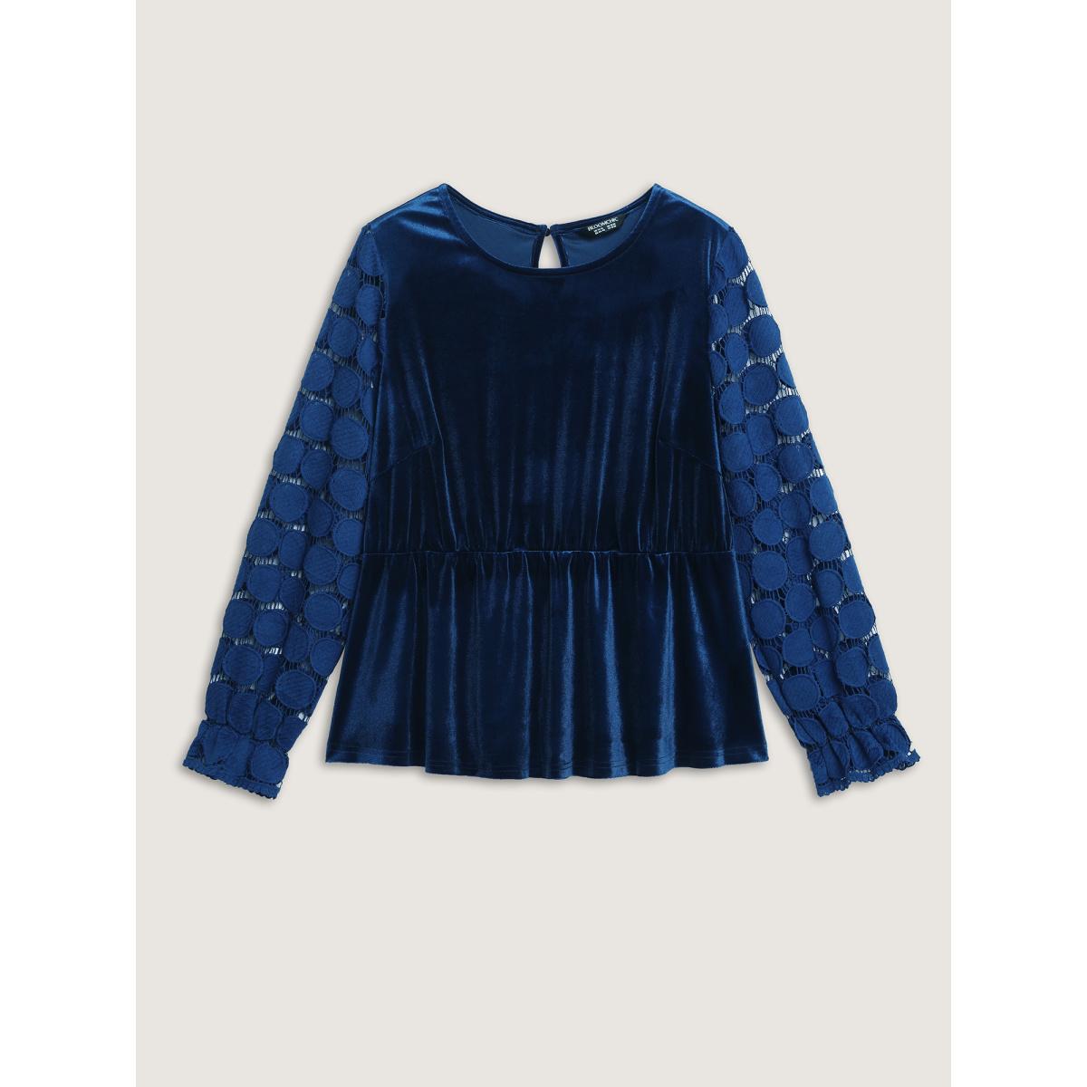 Plus Size Indigo Velvet Sheer Lace Sleeve Flared Blouse Women Romantic Long Sleeve Round Neck Elegant Blouses BloomChic 30/6X Product Image