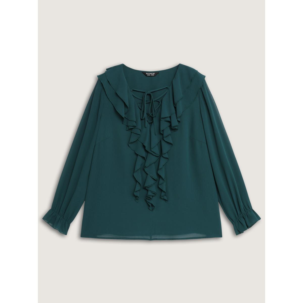 Plus Size Aegean Ruffle Trim Cross-Tie Blouse Women Romantic Long Sleeve Deep V-neck Elegant Blouses BloomChic 14-16/1X Product Image