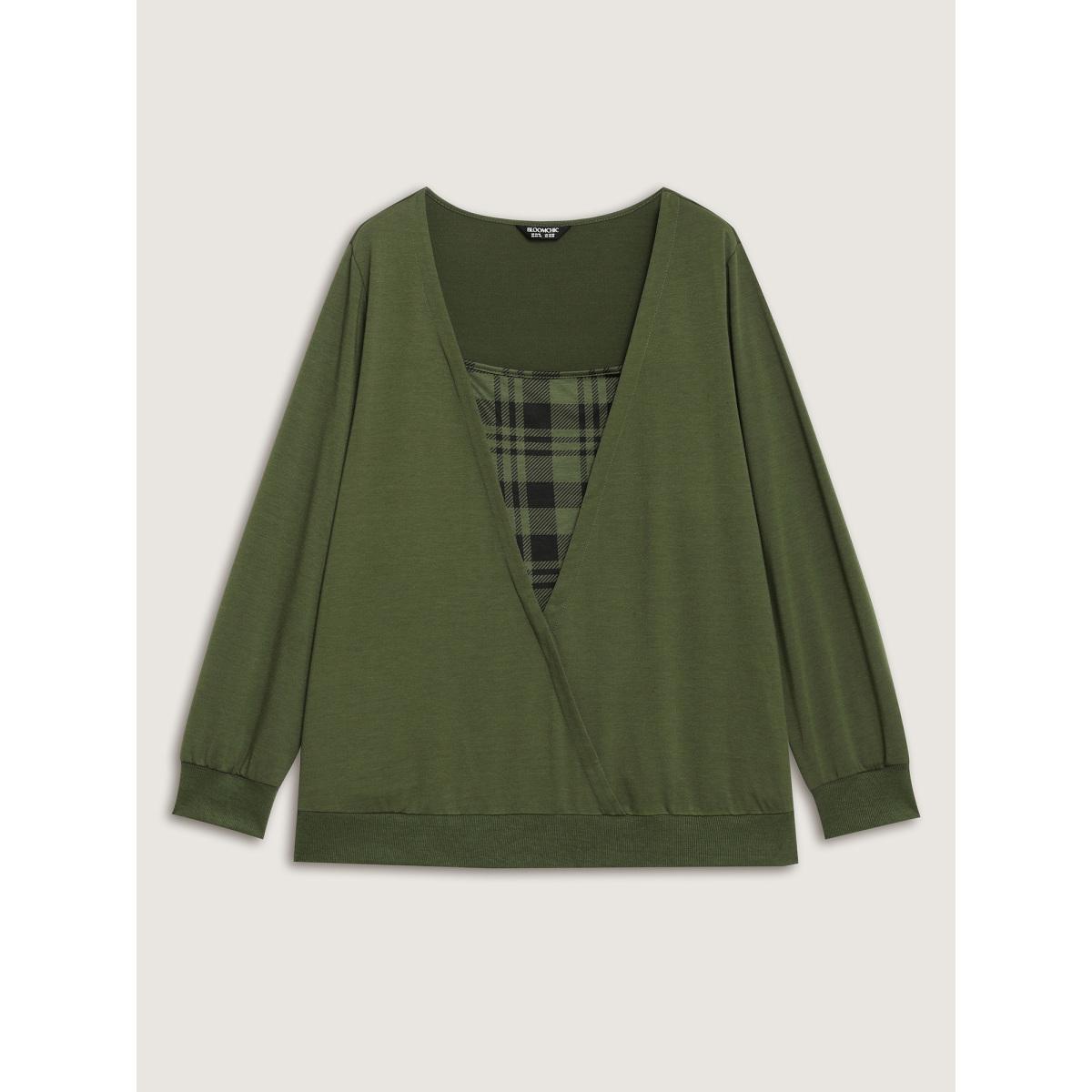 Plus Size Plaid Spliced Wrap Contrast Sweatshirt Women Deeppurple Leisure Square Neck Casual Sweatshirts BloomChic 18-20/2X Product Image