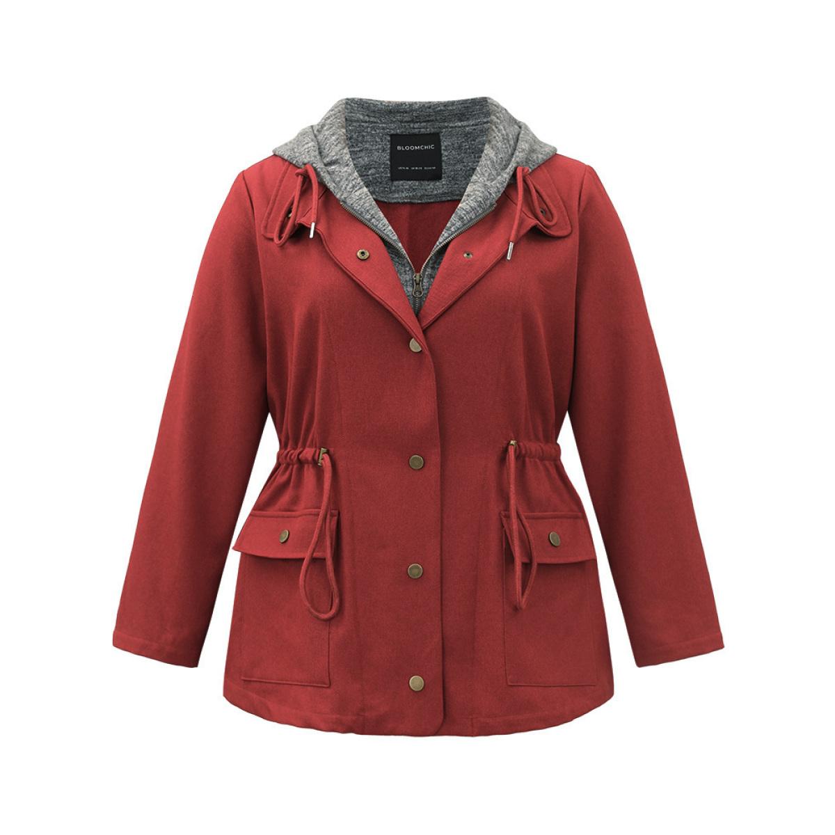 Plus Size Two Tone Hooded Drawstring Zipper Jacket Women Russet Contrast Pocket Everyday Jackets BloomChic 22-24/3X Product Image