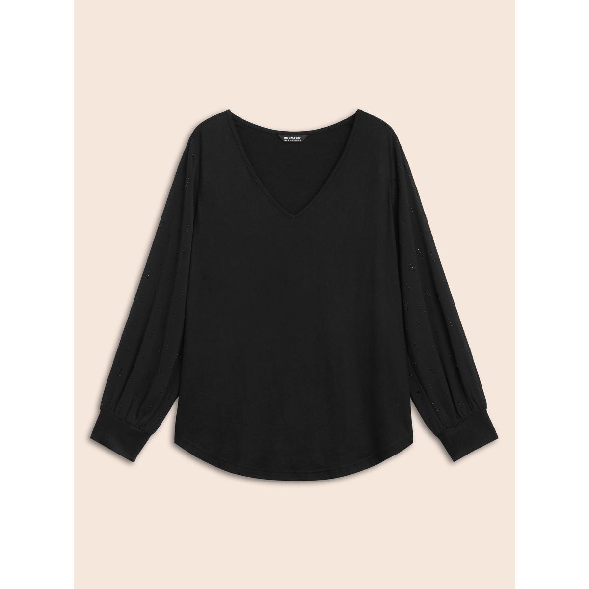 Plus Size Rhinestone Embellished Lantern Sleeves Tee Black Women Casual Non V-neck Everyday T-shirts BloomChic 18-20/2X Product Image
