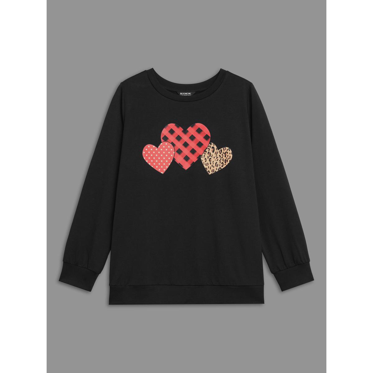 Plus Size Crew Neck Heart Print Sweatshirt Women Black Casual Non Round Neck Everyday Sweatshirts BloomChic 14-16/1X Product Image