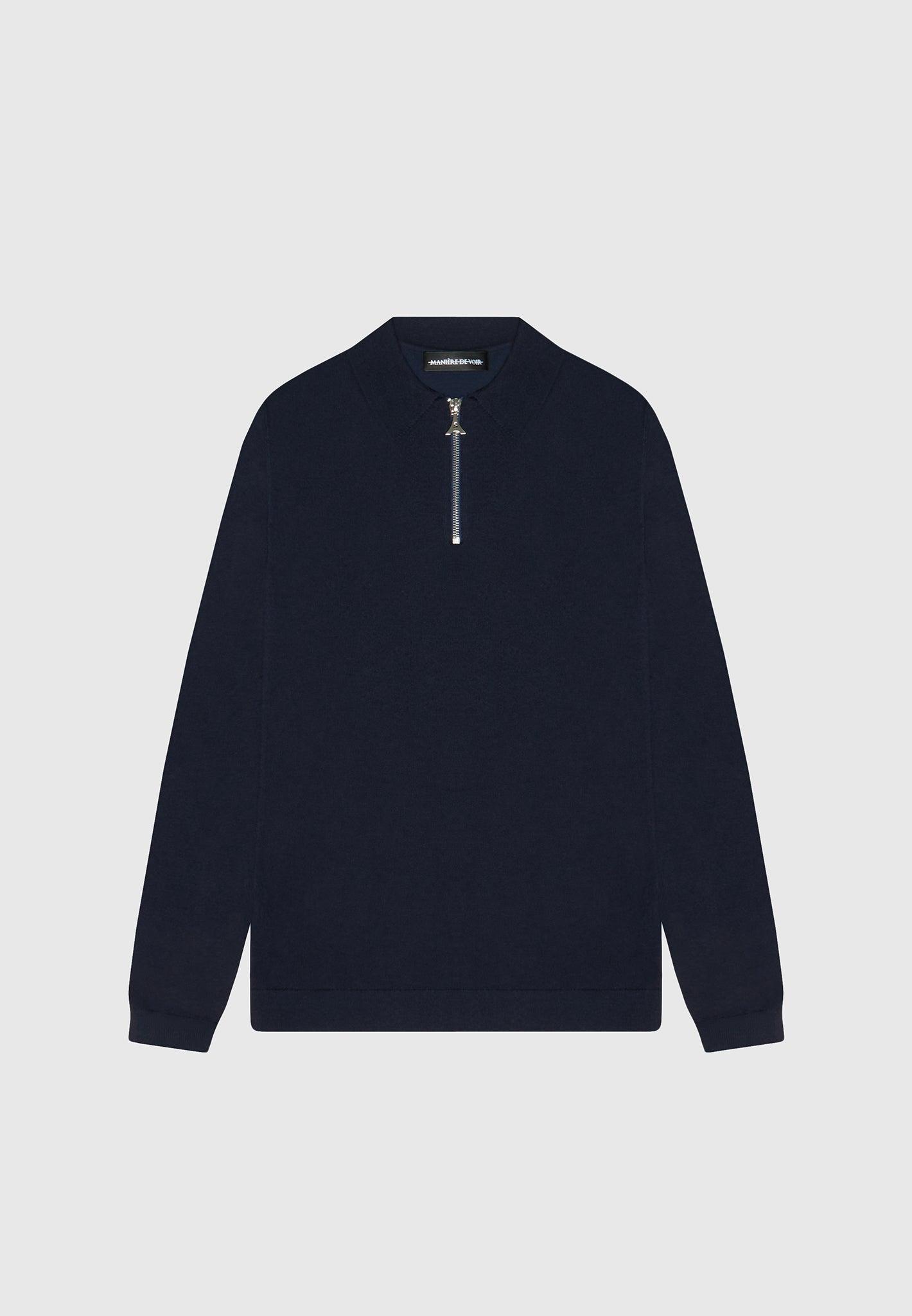 Merino Wool Long Sleeve Polo Top With Zip - Navy Male Product Image
