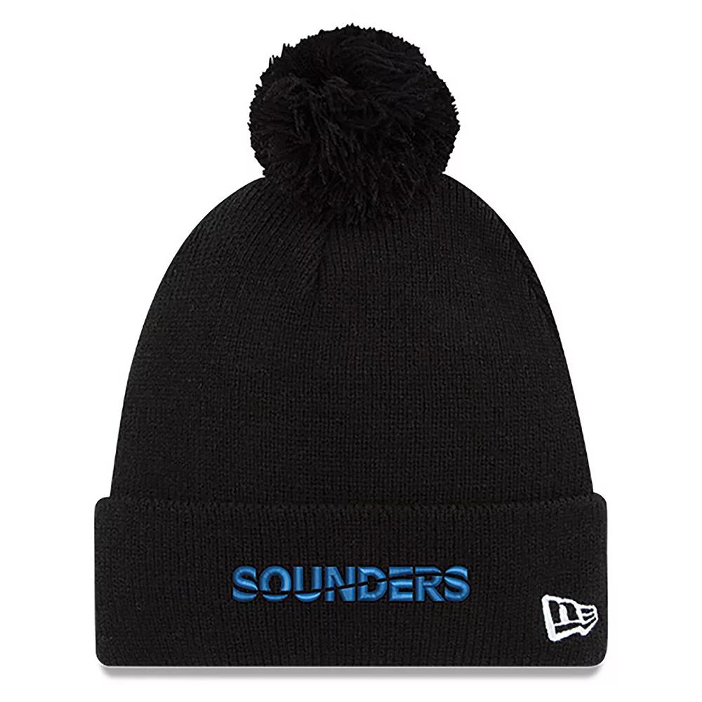 Men's New Era Black Seattle Sounders FC Wordmark Pom Cuffed Knit Hat Product Image