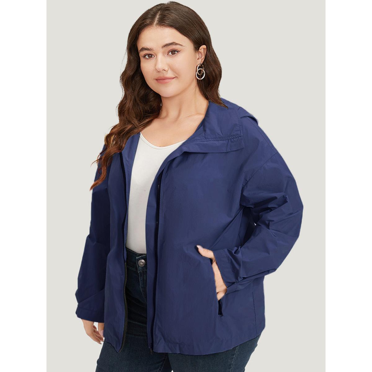 Plus Size Plain Hooded Pocket Zipper Fly Jacket Women DarkBlue Plain Pocket Dailywear Jackets BloomChic 14-16/1X Product Image