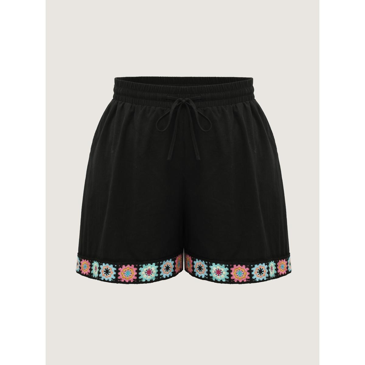 Plus Size Crochet Floral Hem Drawstring Shorts Women Black Resort Drawstring Wide Leg Vacation Shorts BloomChic 14-16/1X Product Image