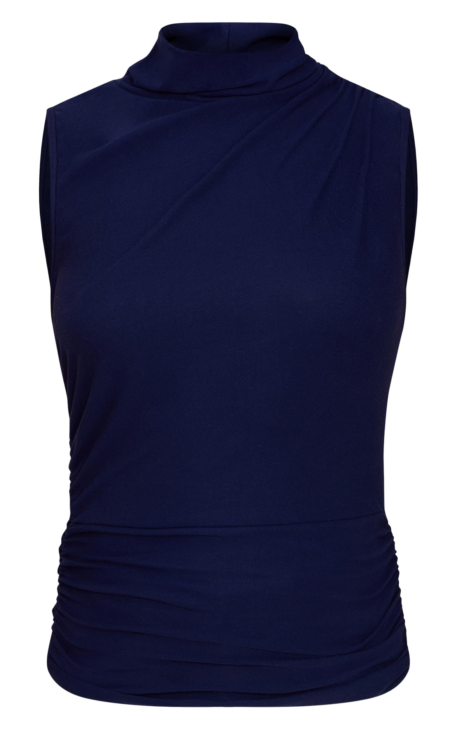 Navy Soft Touch Ruched Side High Neck Top Product Image