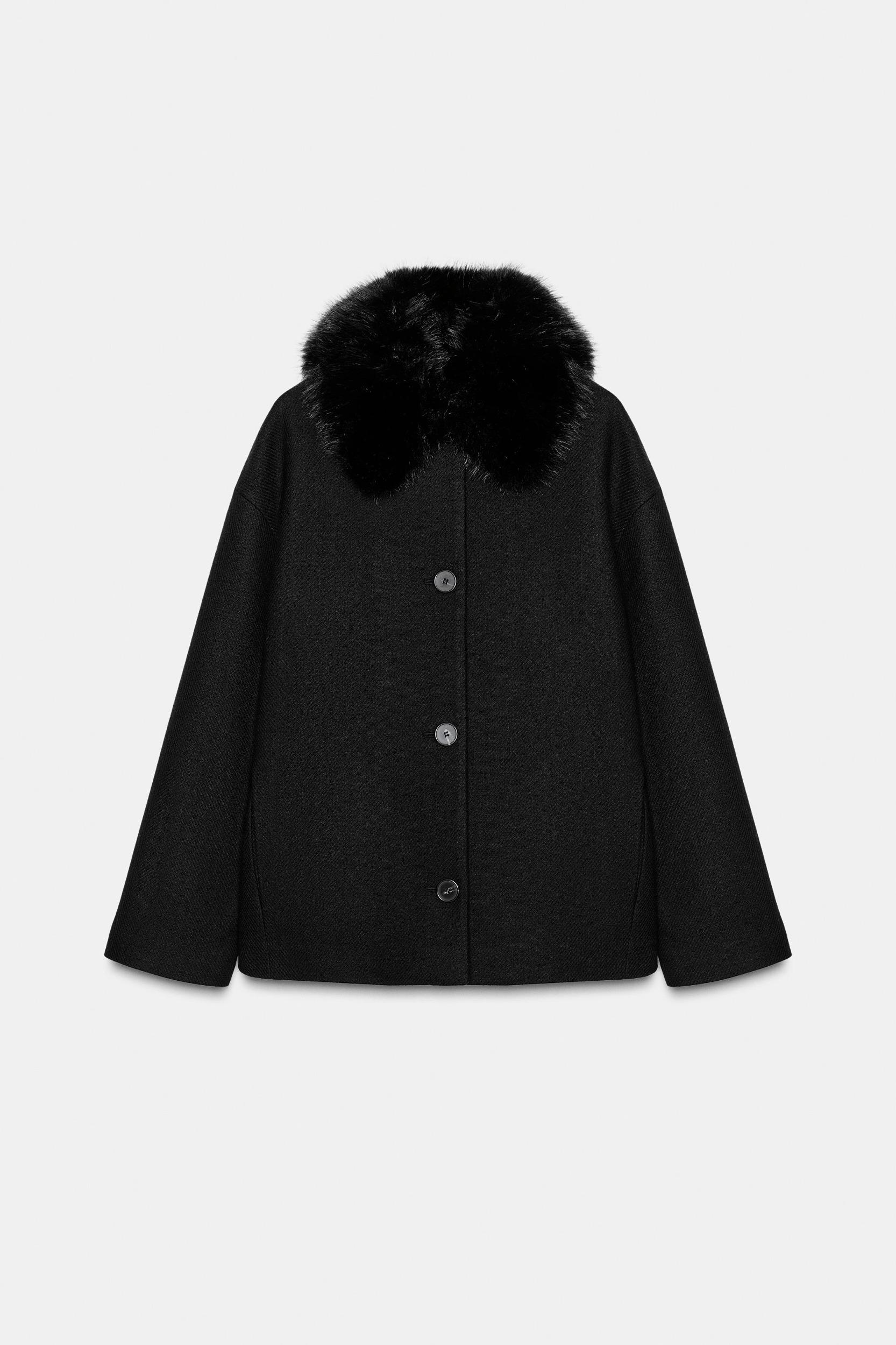 SHORT WOOL COAT WITH FAUX FUR LAPEL Product Image