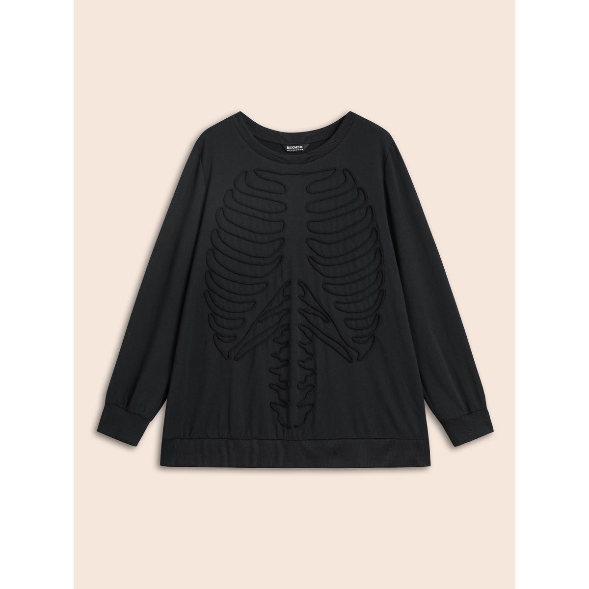 Plus Size Skeleton Embroidered Crew Neck Sweatshirt Women Black Leisure Patchwork Loose Round Neck Casual Sweatshirts BloomChic 28/5X Product Image