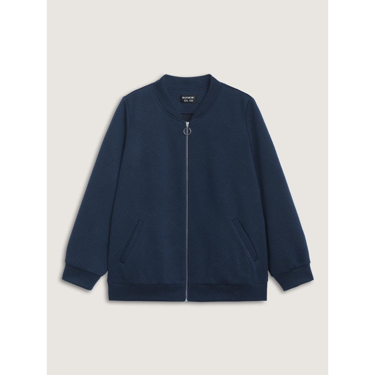 Plus Size Textured Solid Pockets Zipper Jacket Women Navy Texture Loose Slanted pocket Casual Jackets BloomChic 30/6X Product Image