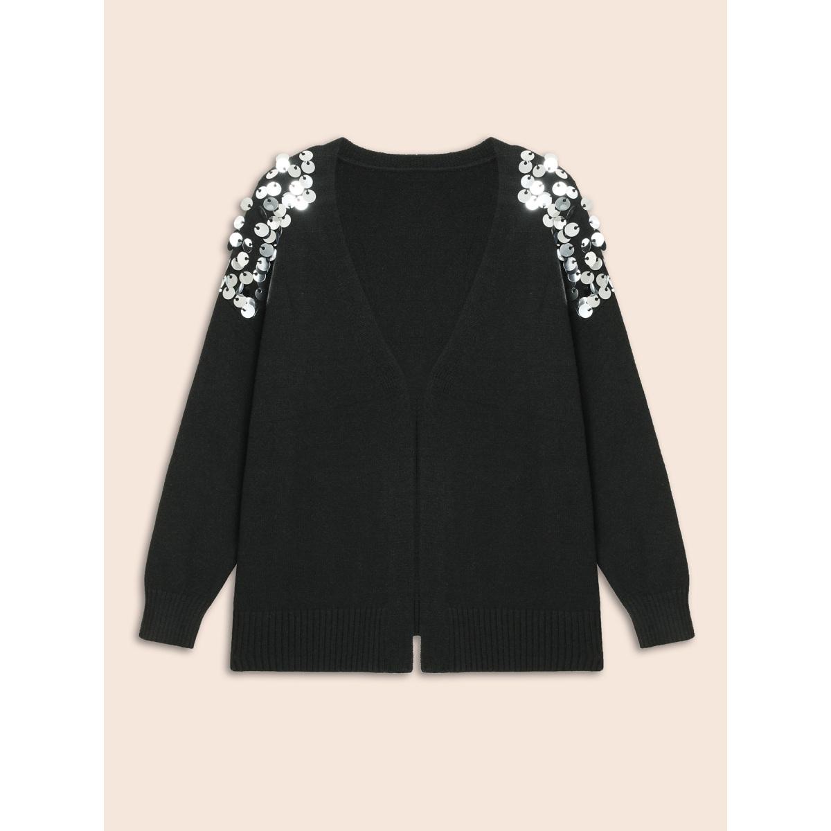 Plus Size Supersoft Essentials Silver Sequins Shoulder Open Cardigan Black Women Cocktail Loose Long Sleeve Party Cardigans BloomChic 28/5X Product Image