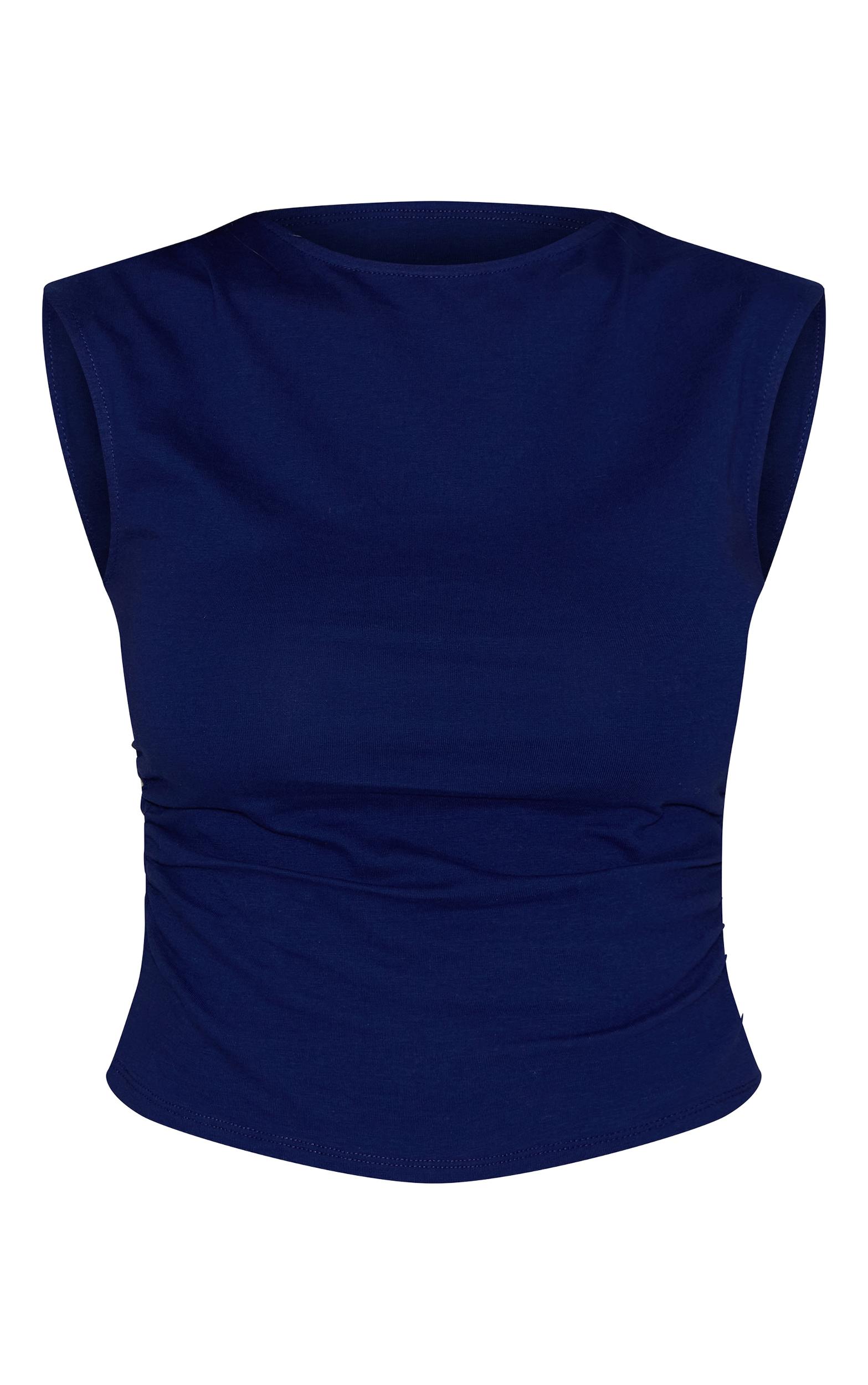 Indigo Blue Soft Cotton Ruched Side Sleeveless Top Product Image
