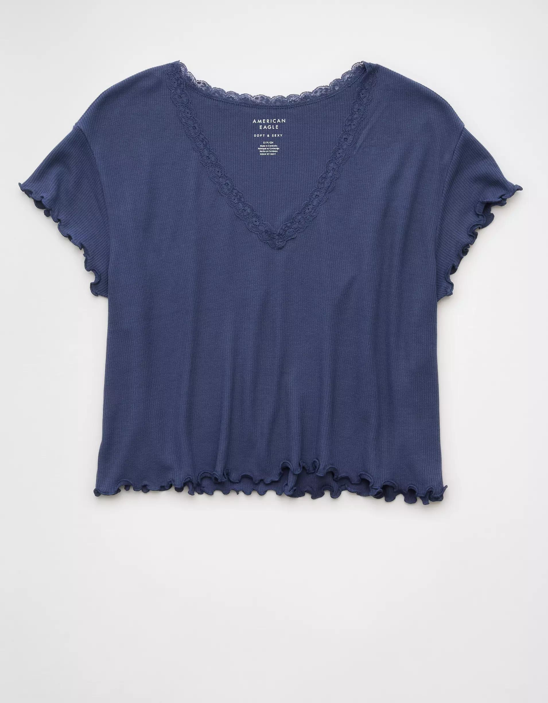 AE Soft & Sexy V-Neck Cropped Waffle T-Shirt Product Image