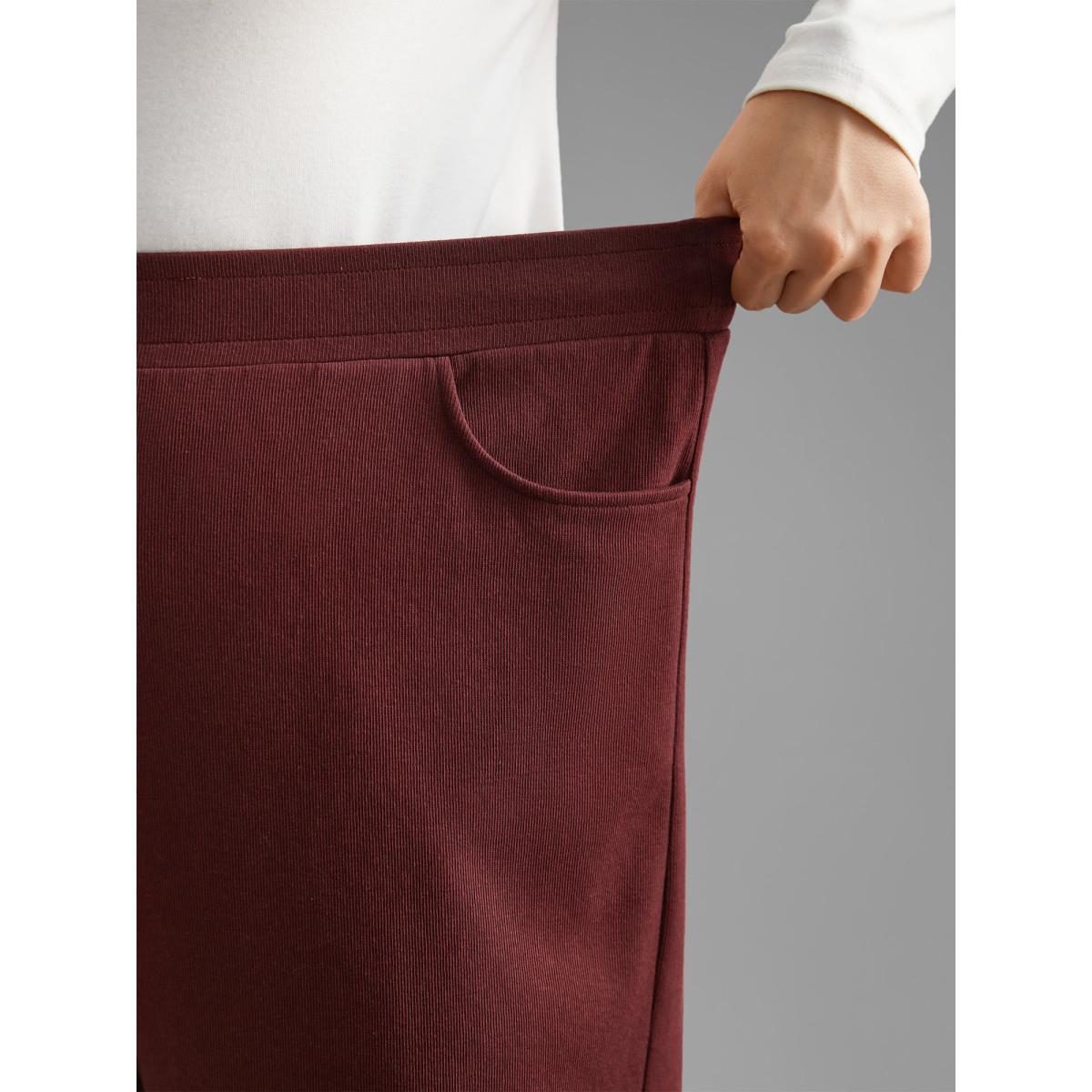 Plus Size Plain Elastic Waist Straight Leg Pants Women Deepred Elegant Straight Leg Mid Rise Everyday Pants BloomChic 12/L Product Image