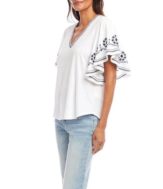 Karen Kane Organic Cotton Embroidered Flutter Sleeve Top Product Image