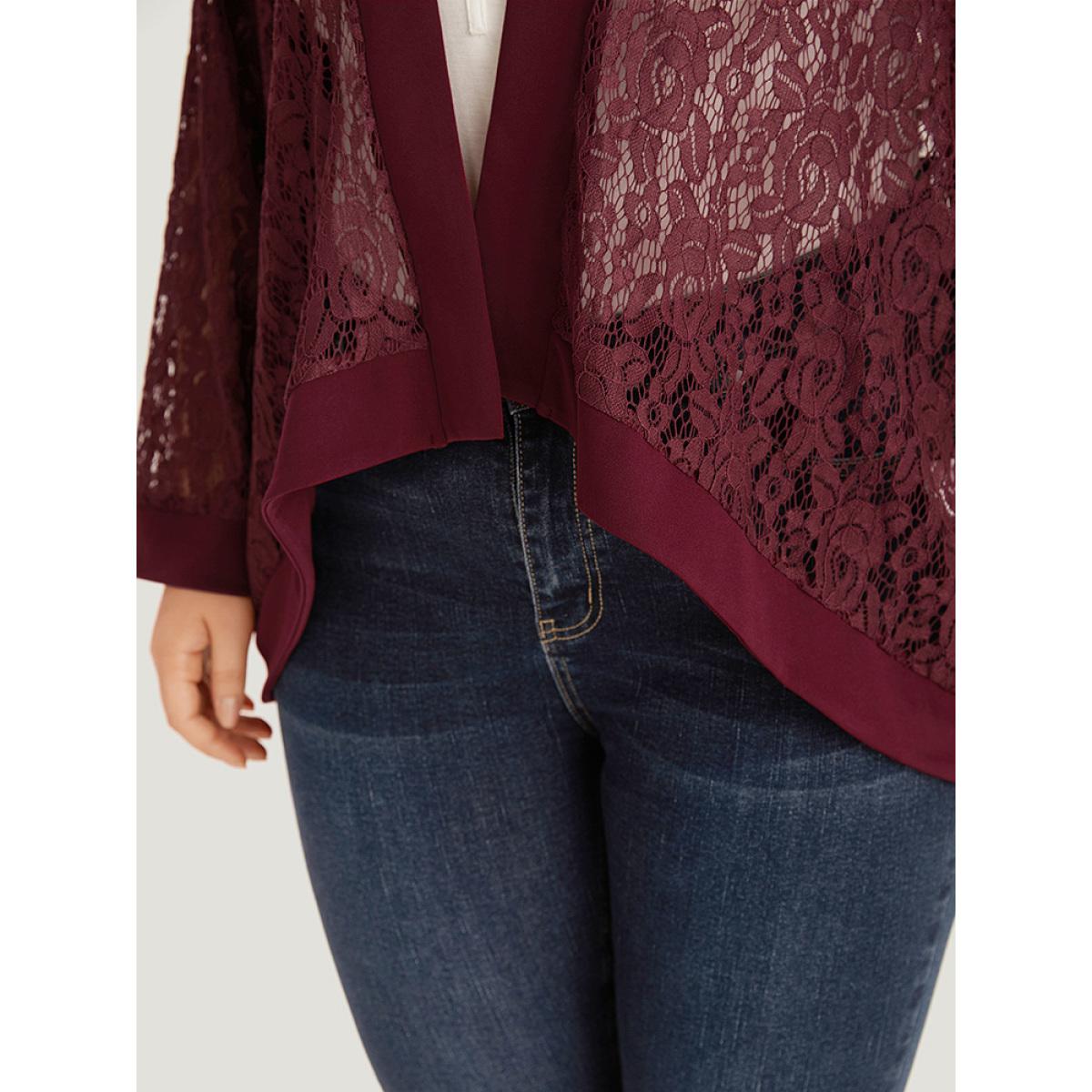 Plus Size Supersoft Essentials Crochet Lace Mesh Open Front Asymmetrical Hem Kimono Women Scarlet Casual Patchwork Loose Dailywear Kimonos BloomChic 26/4X Product Image