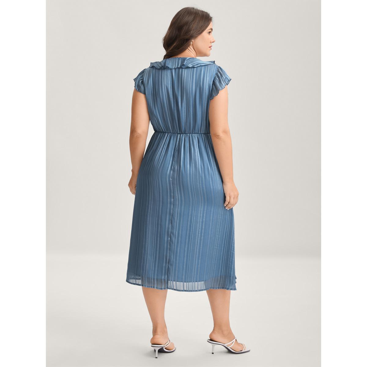 Plus Size Textured Stripe Ruffled Neck Midi Dress Stone Women V-neck Cap Sleeve Curvy BloomChic 10/M Product Image