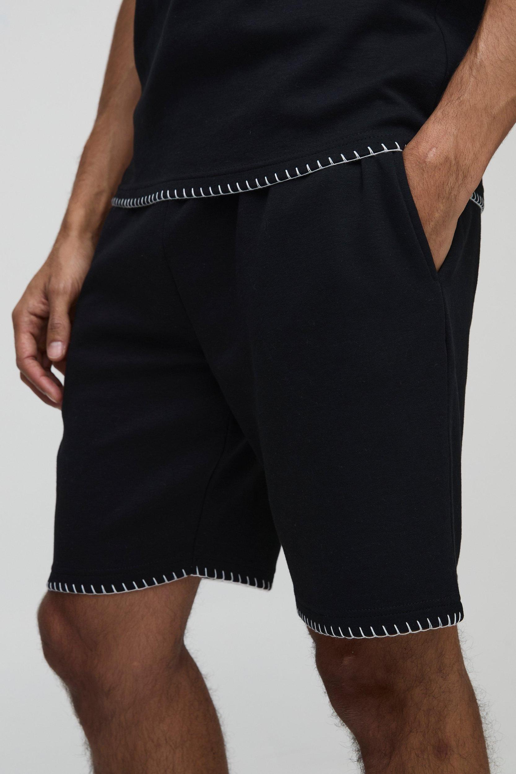 Relaxed Interlock Blanket Stitch Shorts | boohooMAN USA Product Image