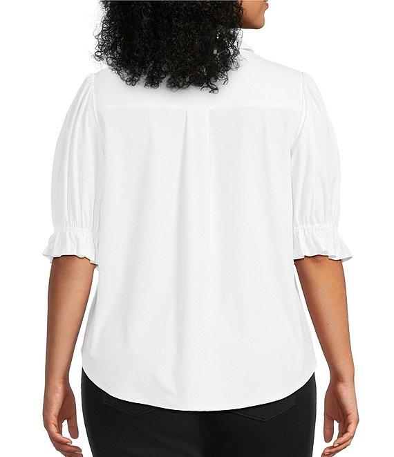 Liverpool Los Angeles Plus Size Tech Knit Point Collar Short Puff Ruffle Cuff Sleeve Button Front Shirt Product Image