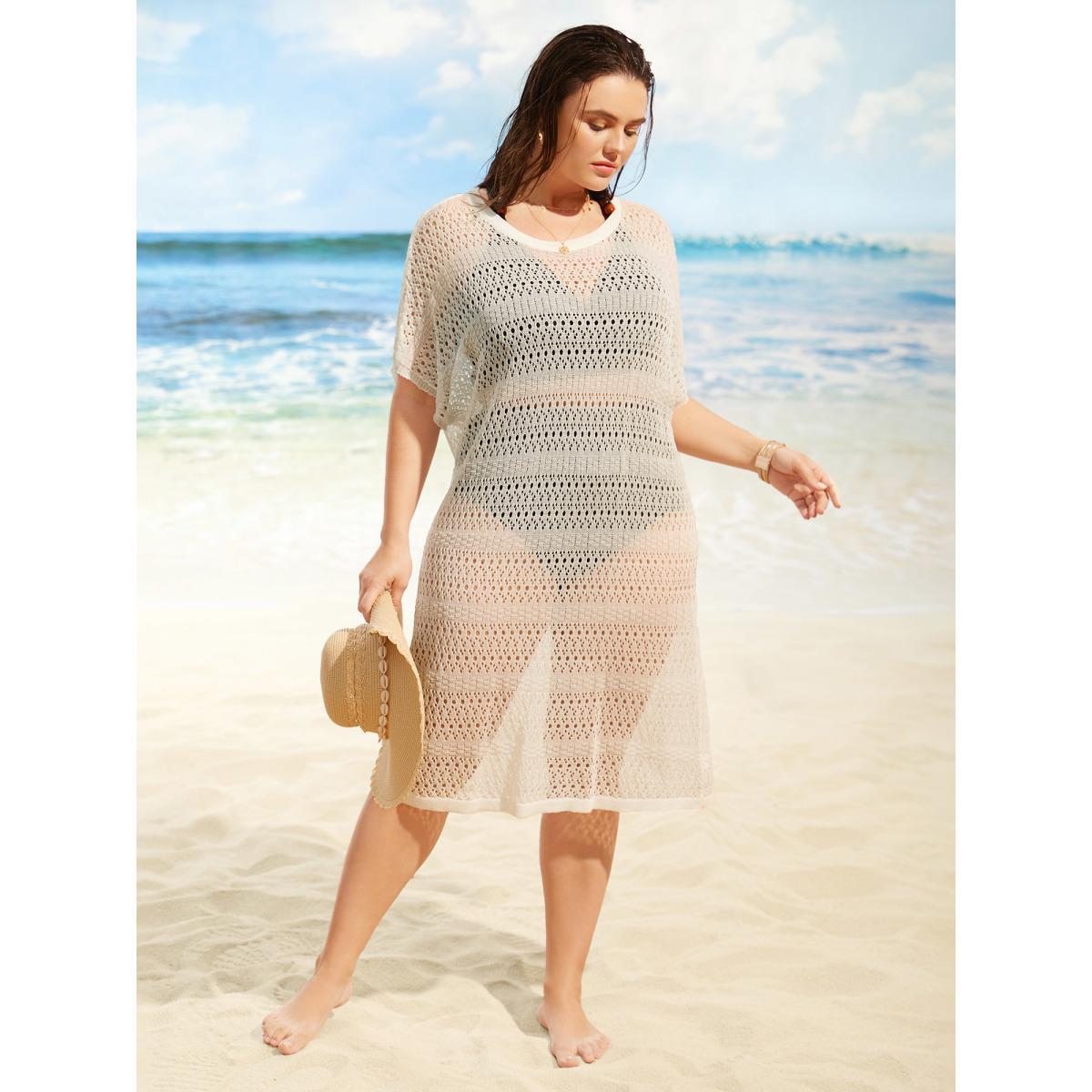 Plus Size Crew Neck Cut Out Dolman Sleeve Swim Cover Up Women's Swimwear Ivory Beach Loose Texture Curve Swim Cover Ups BloomChic 30/6X Product Image
