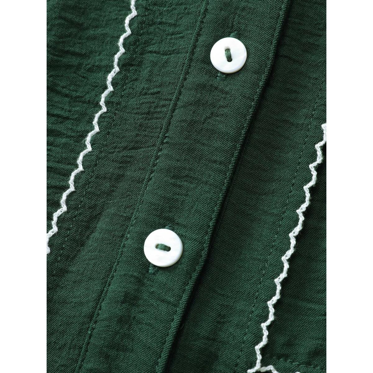 Plus Size Ruffled Neck Tiered Button Knee-Length Dress DarkGreen Women Leisure Contrast Flat collar with V-notch Elbow-length sleeve Curvy BloomChic 28/5X Product Image