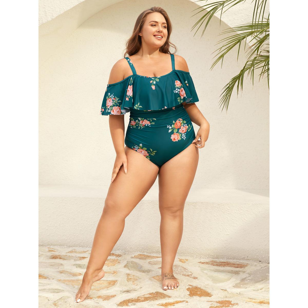 Plus Size Two-Piece Floral Ruffled Knotted One-Piece, Sarong Women's Swimwear Teal Resort Tie knot Curve Bathing Suits High stretch One Pieces BloomChic 14-16/1X Product Image