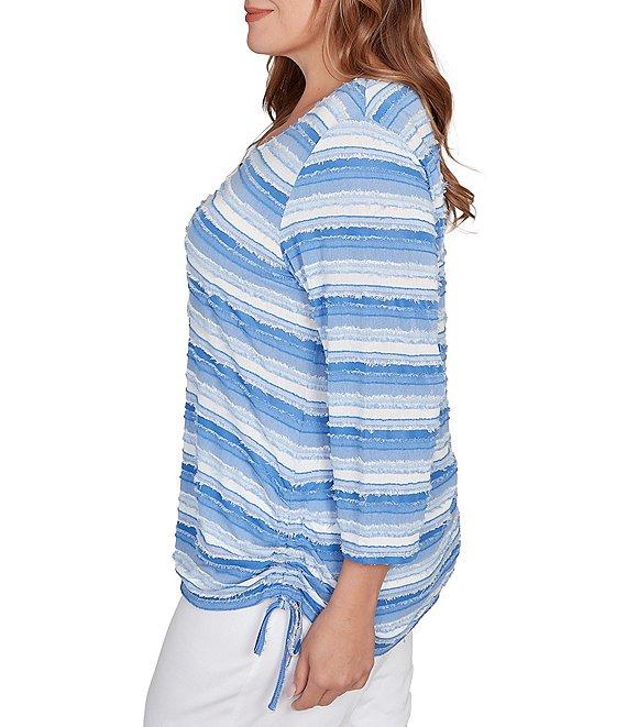 Ruby Rd. Plus Size Yarn-Dyed Eyelash Stripe Scoop Neck 3/4 Sleeve Adjustable Side Ties Top Product Image