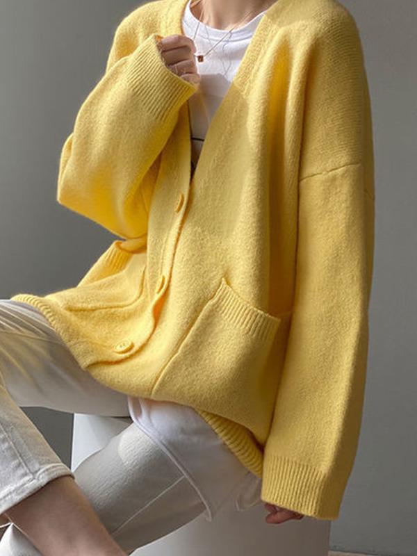 Solid V Neck Breasted Knit Cardigan Product Image