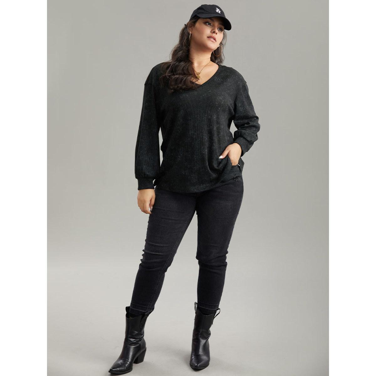 Plus Size Waffle Knit Heather V Neck T-shirt Black Women Casual Waffle Knit Plain V-neck Everyday T-shirts BloomChic 26/4X Product Image