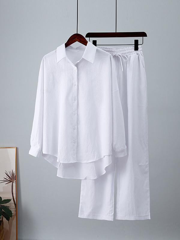 Solid Color High-Low Long Sleeves Lapel Blouses + Drawstring Pants Two Pieces Set Product Image