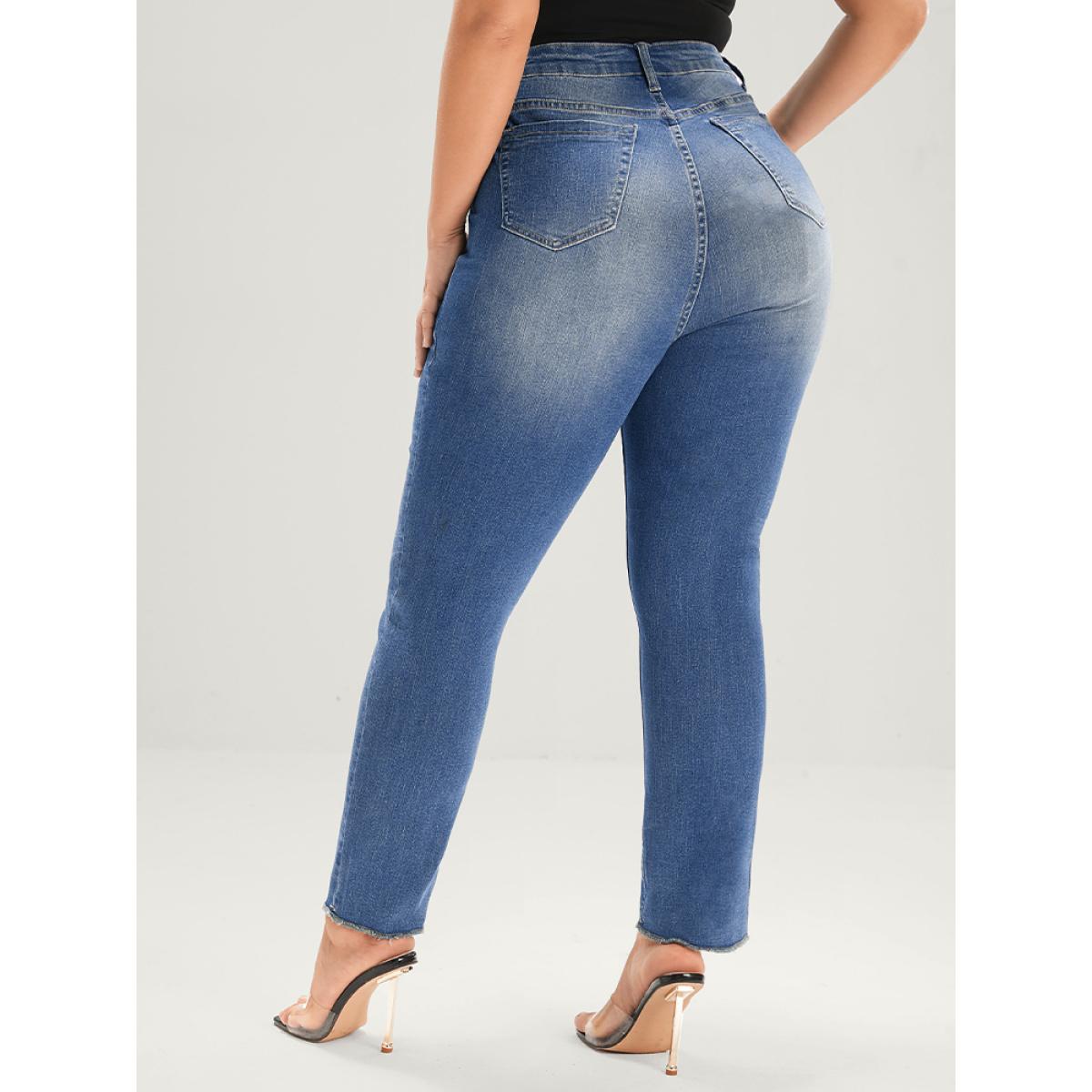 Plus Size Straight Very Stretchy Mid Rise Medium Wash Jeans Women Blue Casual Plain Pocket High stretch Pocket Jeans BloomChic 16/1X Product Image